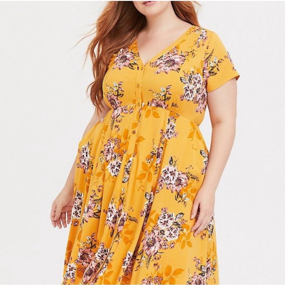 Torrid  women’s Dress Mustard Floral High Low Dress Zise 1 - Picture 2 of 6